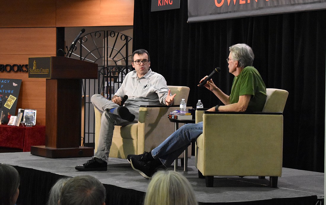 Owen King and Stephen King take questions from the crowd at their book talk on Oct. 6 at Selby Public Library.