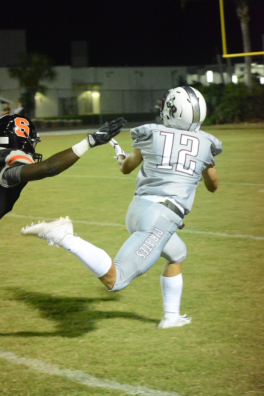 Braden River junior wideout Jack Milner races past the Sailor defense in pursuit of a deep ball.