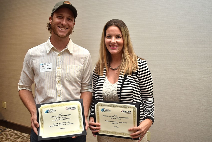 Shane Catts of Happy Paddler EcoVentures and Tours, third place winner of Small Businesspersons of the Year 10 or fewer employees, and Robyne Richardson of Beach Fitness, second place winner of Rookie Small Businessperson