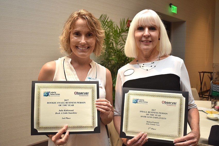 Julie Kirkwood of Book a Little Sunshine, third place winner of Rookie Small Businessperson of the Year and Debra Fortosis of Elite Family Care, second place winner of Small Businessperson of the Year 10 or fewer employees