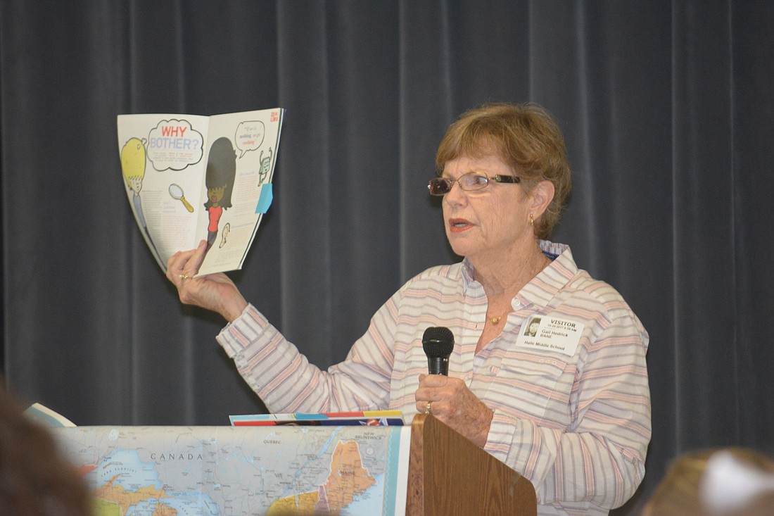 Bradenton author Gail Hedrick discusses writing and science with Carlos Haile sixth graders on Friday, Oct. 20.