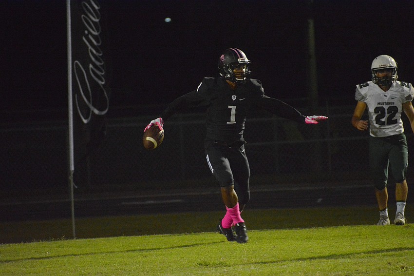 Braden River wideout Craivon Koonce celebrates his 58-yard touchdown pass from Bryan Gagg.