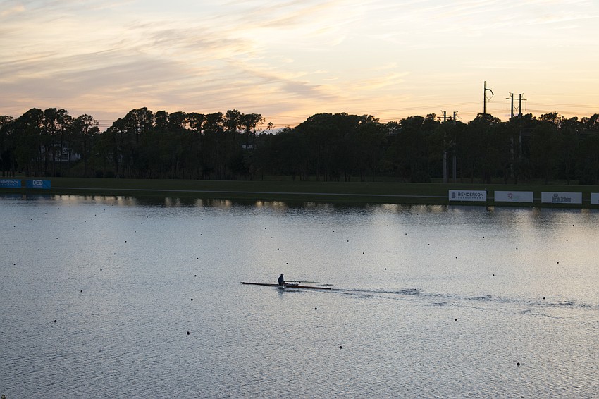 Guests at the Asolo Rep Welcome Back Party had the perfect view of a rower catching the last rays of light over Nathan Benderson Park.