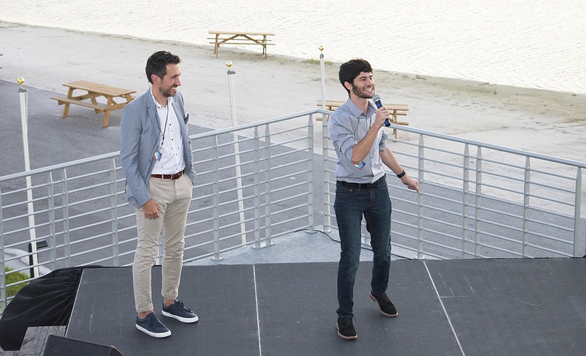 “Evita” Director and Choreographer Josh Rhodes and Music Director Sinai Tabak address the crowd.