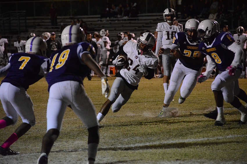 Braden River's Camaron White stumbles his way into the end zone for a second-quarter touchdown.