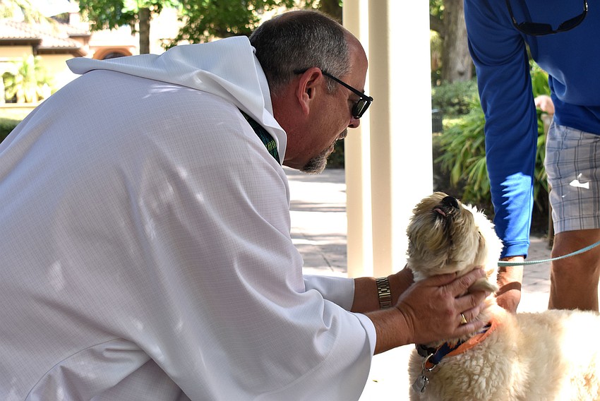 The Rev. Ken Blyth blesses Bailey during the St. Armands Key Lutheran Church pet blessing.
