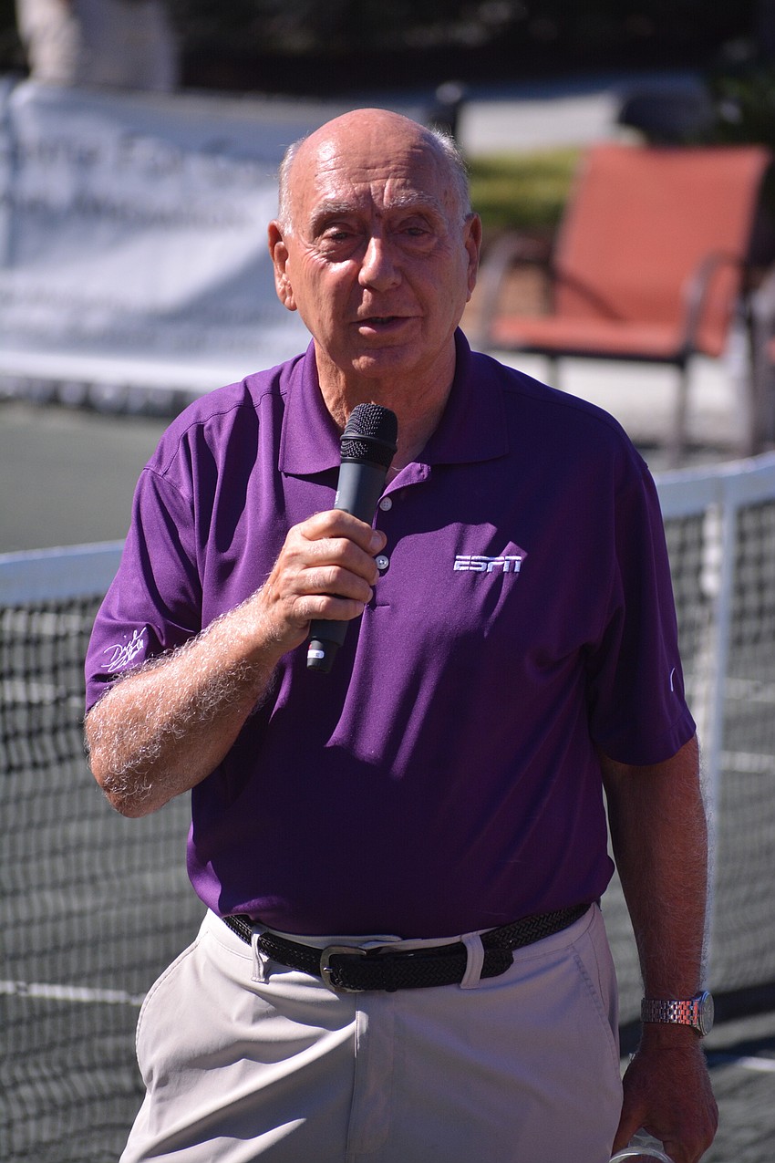 Dick Vitale speaks to the tournament crowd about raising funds for the V Foundation for Cancer Research.