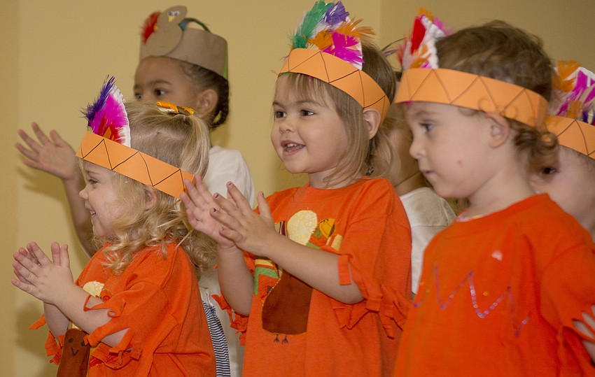 Temple Emanu-El preschool students perform during the school's Thanksgiving pageant.