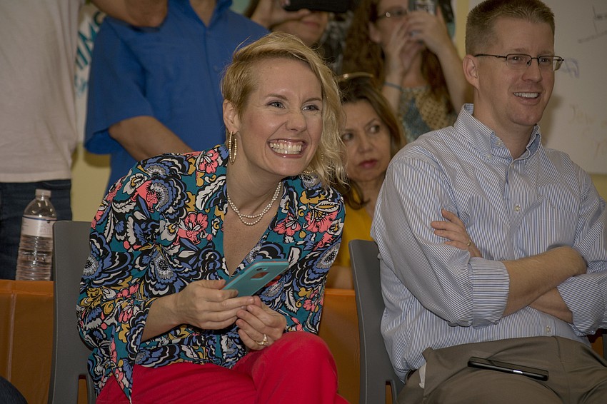Kristiana Dragash smiles while watching the Temple Emanu-El preschool Thanksgiving pageant.
