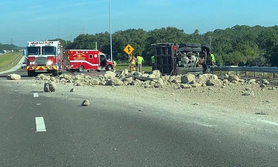 A dump truck blocked northbound lanes of I-75 Tuesday morning. (Photo courtesy the Sarasota County Sheriff&#39;s Office.)