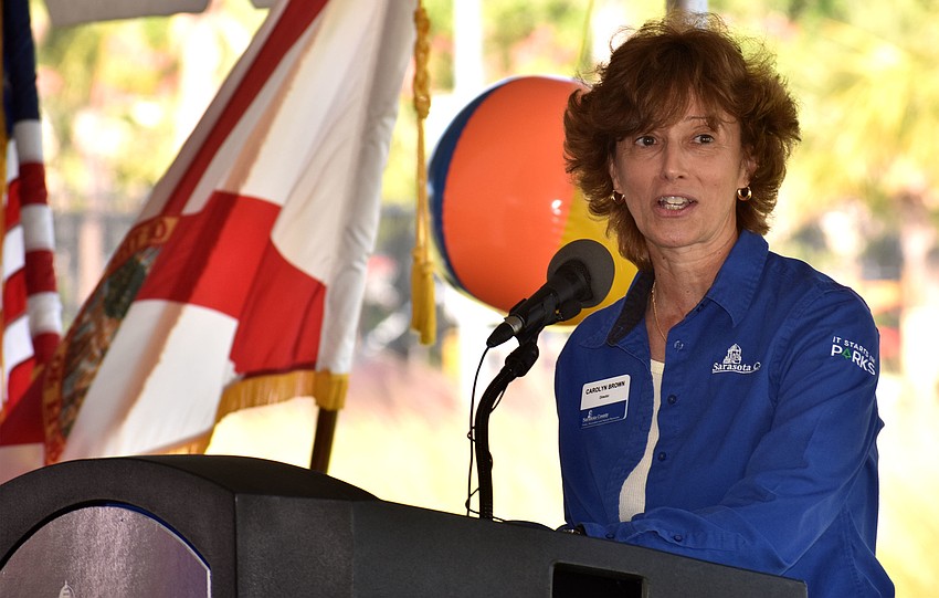 Carolyn Brown, director of Sarasota County Parks, Recreation and Natural Resources, address the crowd, calling Bayfront Park a “gem.”