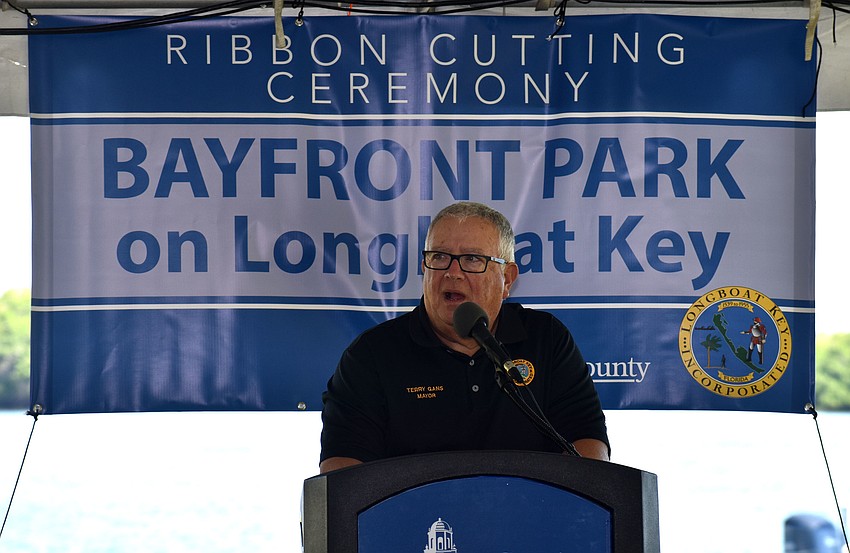 Longboat Key Mayor Terry Gans speaks to the crowd at the Bayfront Park grand opening.