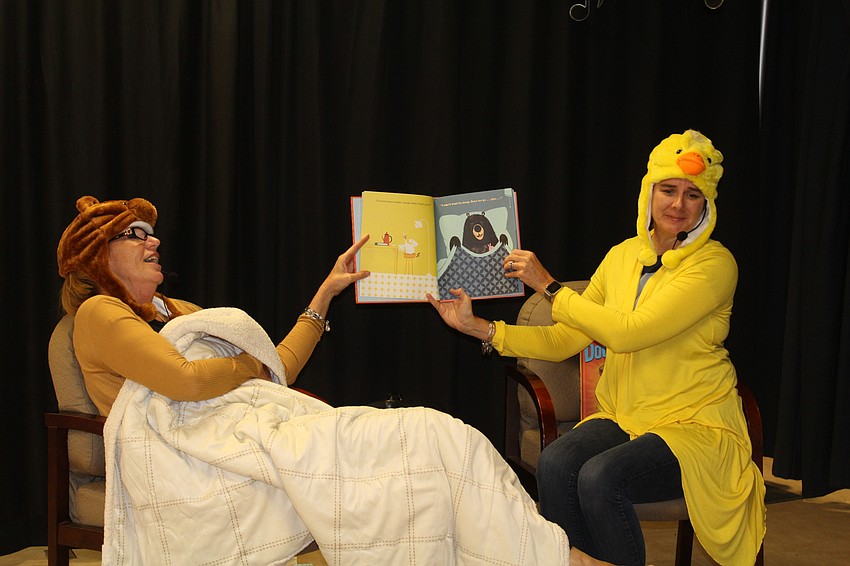 Braden River Elementary School first grade teacher Alison Bertsch and Principal Hayley Rio get into character during a read aloud.