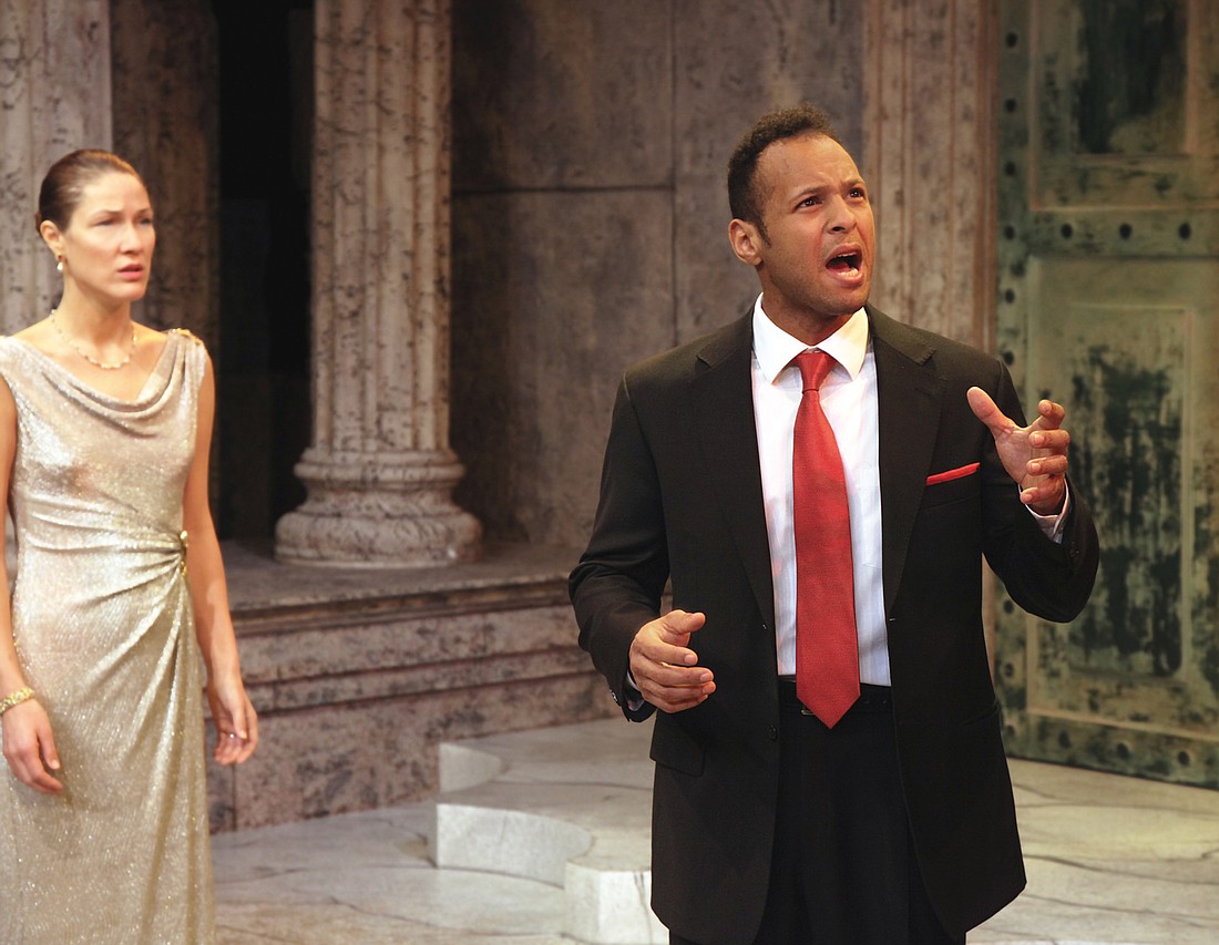 Olivia Osol and Andrew Hardaway perform in the FSU/Asolo Conservatory&#39;s production of  "Oedipus." Photo by Frank Atura.