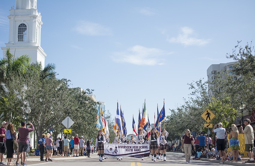 The Riverview High School marching band marches in Sarasota's Veterans Day Parade.
