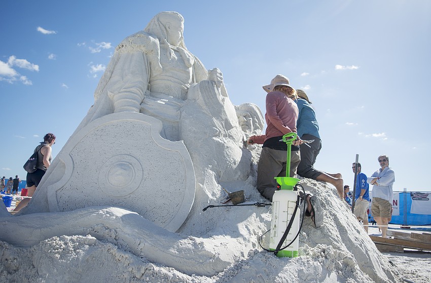 Marielle Hessels and Sue McGrew work on their submission to the 2017 Crystal Classic on Siesta Key.