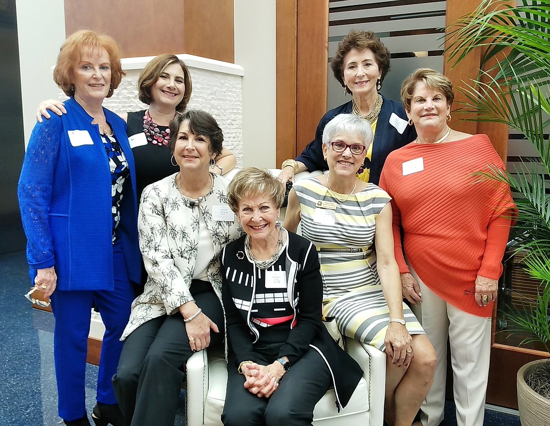 Surrounding honoree Mickey Fine (center) are event committee members (left to right) Betty Perlmutter, Marty Katz, Debbie Yonker, Gloria Weed, Barbara Brizdle, and Fran Lambert â€” Courtesy photo