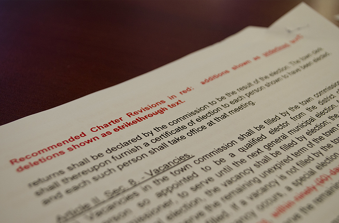 Commissioners approved a wholesale replacement of the town charter rather than amend the existing document.