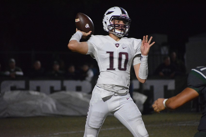 Pirates junior QB Bryan Gagg launches a pass downfield against Venice. Gagg threw three touchdowns against the Indians but also two interceptions.