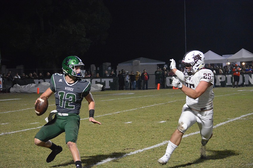 Venice senior quarterback Bryce Carpenter is forced to backpedal after pressure from Braden River senior Chase Knopf.