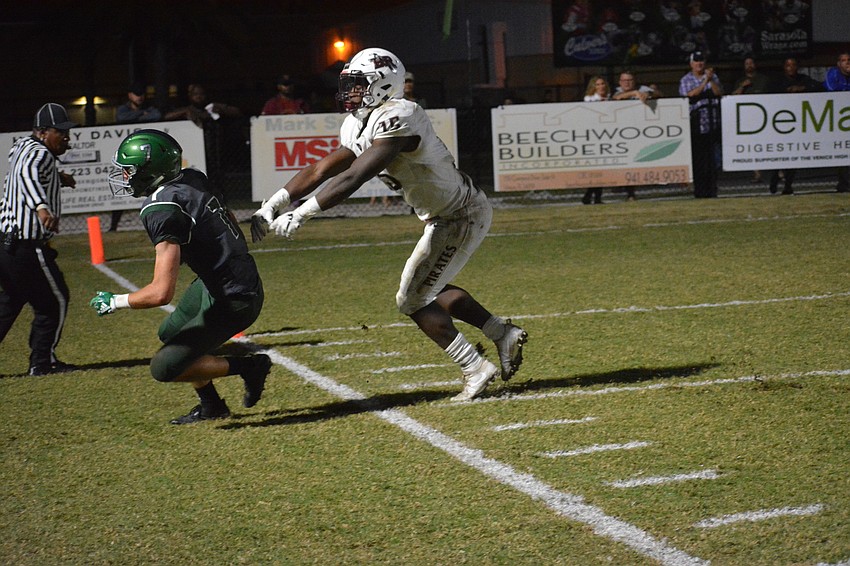 Knowledge McDaniel pushed Indians senior  Jared Bailey out of bounds after Bailey intercepted a Bryan Gagg pass.