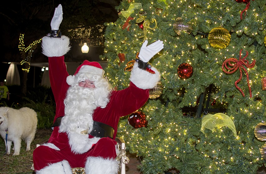 Santa celebrates after lighting the downtown holiday tree.