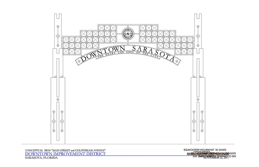The Downtown Improvement proposed a gateway sign modeled after the old Hover Arcade on the bayfront.