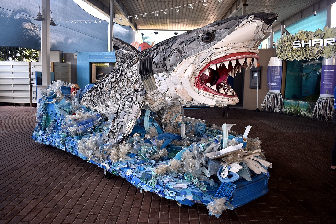 Greta the Great White Shark is one of seven marine-debris sculptures in Mote&#39;s newest exhibit.