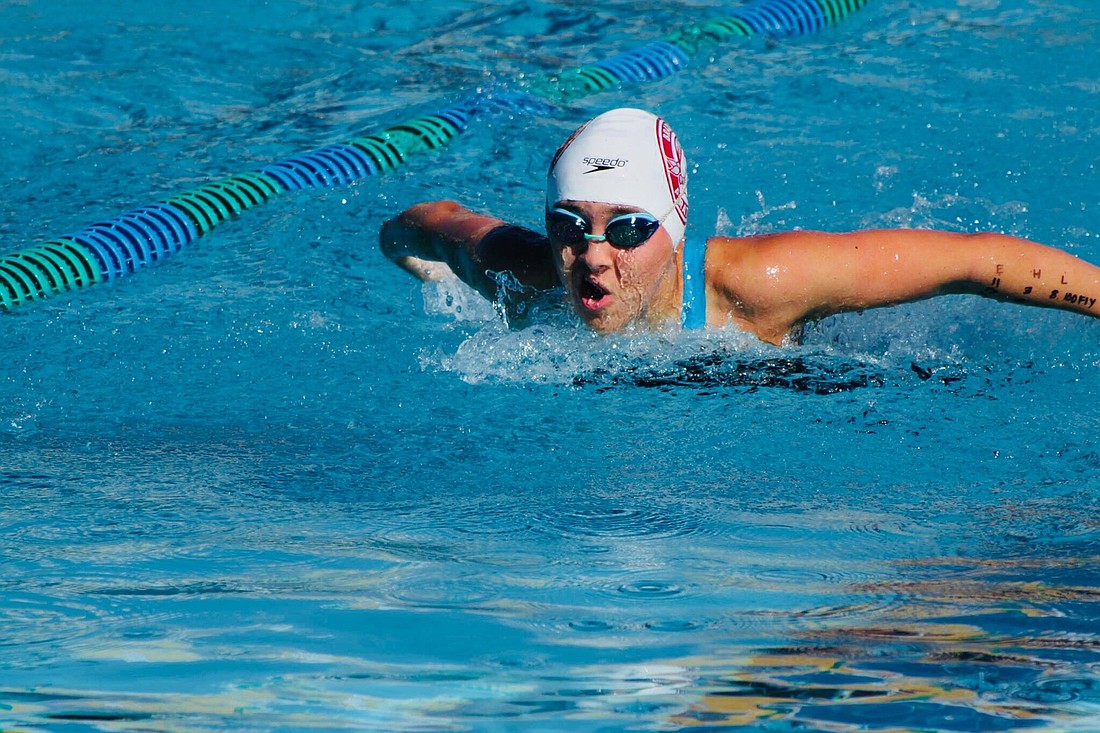 Braden River High  School sophomore Jessie Dyson competes in the butterfly. Courtesy image.