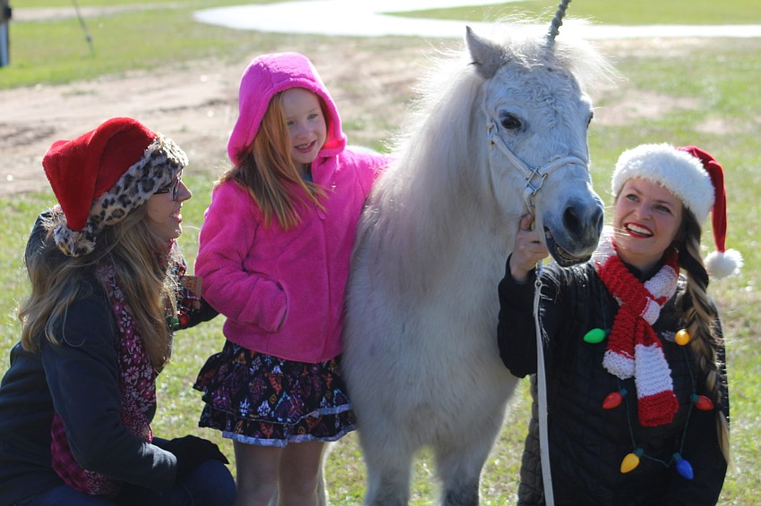 Sarasota's Sydney Bowsher and Megan Murdock visit with Lily the unicorn and her owner Brittany Beard. Beard said 