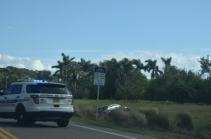 A three-car crash on Gulf of Mexico Drive sent one vehicle into a ditch right the southbound lane.