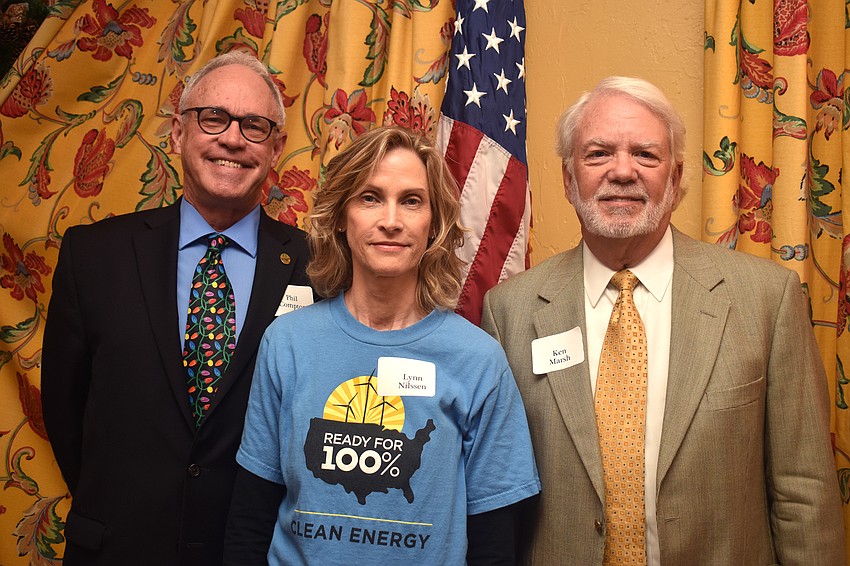Guest speakers Phil Compton and Lynn Nilssen and Longboat Key Democratic Club President Ken Marsh