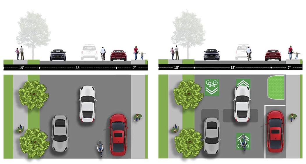 This drawing from the city shows the before-and-after concepts for redesigning Second and Fourth streets to better serve cyclists.
