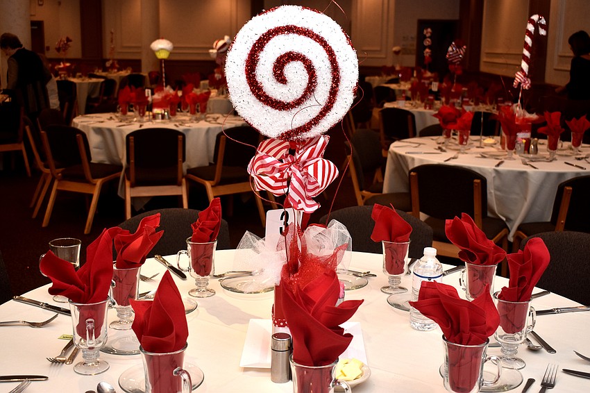 Tables were decorated with candy cane centerpieces.