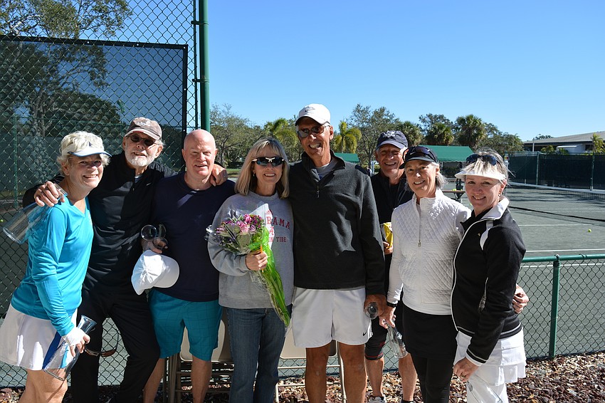 Helen Turner, Fred Berg, David Campbell, Tennis Center Director Kay Thayer, Ron Plashkes, Mike Langlois, Irene Langlois and Jan Withers