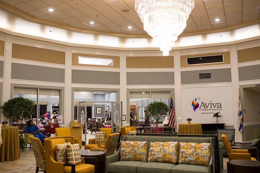 Inside the Kretzmer Center, the gathering space in the lobby makes up the center of the building.