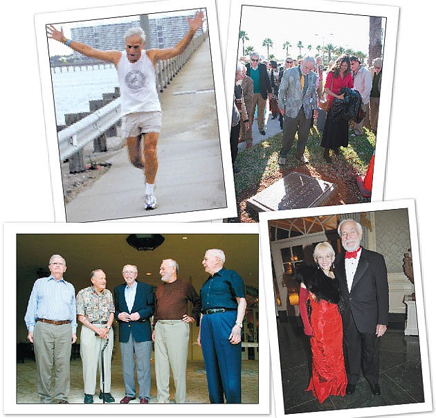 Clockwise from top left: Gil Waters in victory after the opening of the new Ringling Bridge, August 2003. Waters and city engineer Alex Davis-Shaw. Waters and his wife, Elisabeth. â€œThe Old Coots Lunch Bunch.â€