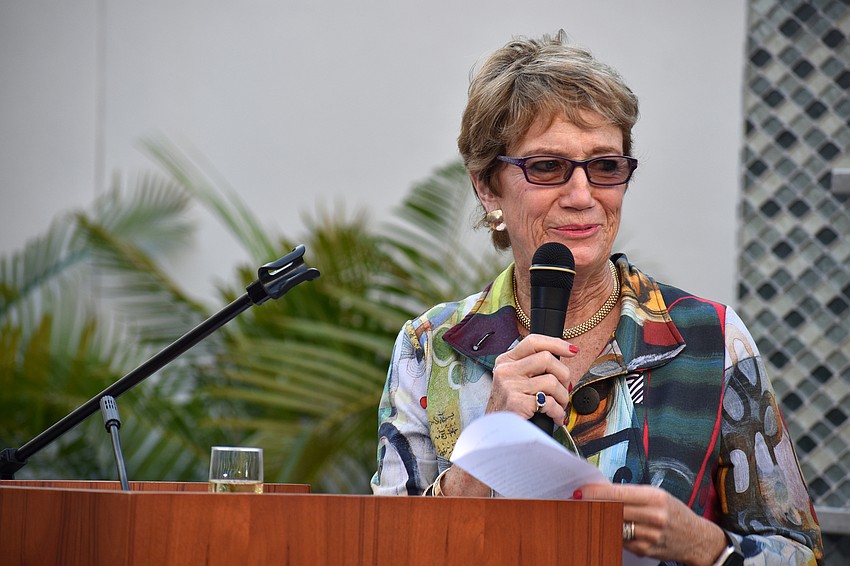 Cade Sibley, chairwoman of the Plymouth Harbor Foundation, speaks to the crowd.