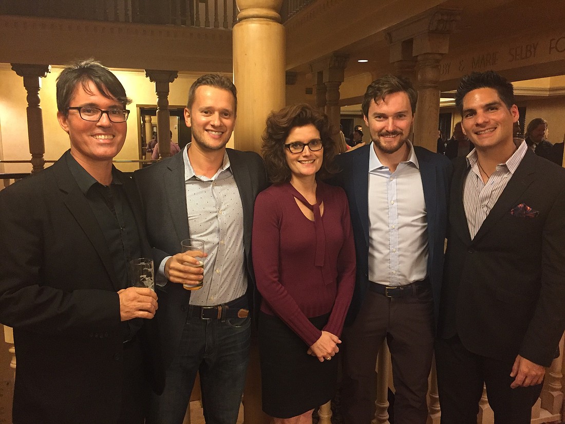 Sean Oâ€™Neil, Gary Kurnov, Sarah Cartwright, Alex Floethe and Juan Jaramillo attend the Da Capo Society Fall Kick Off on Oct. 26 at the Sarasota Opera House. Courtesy photo