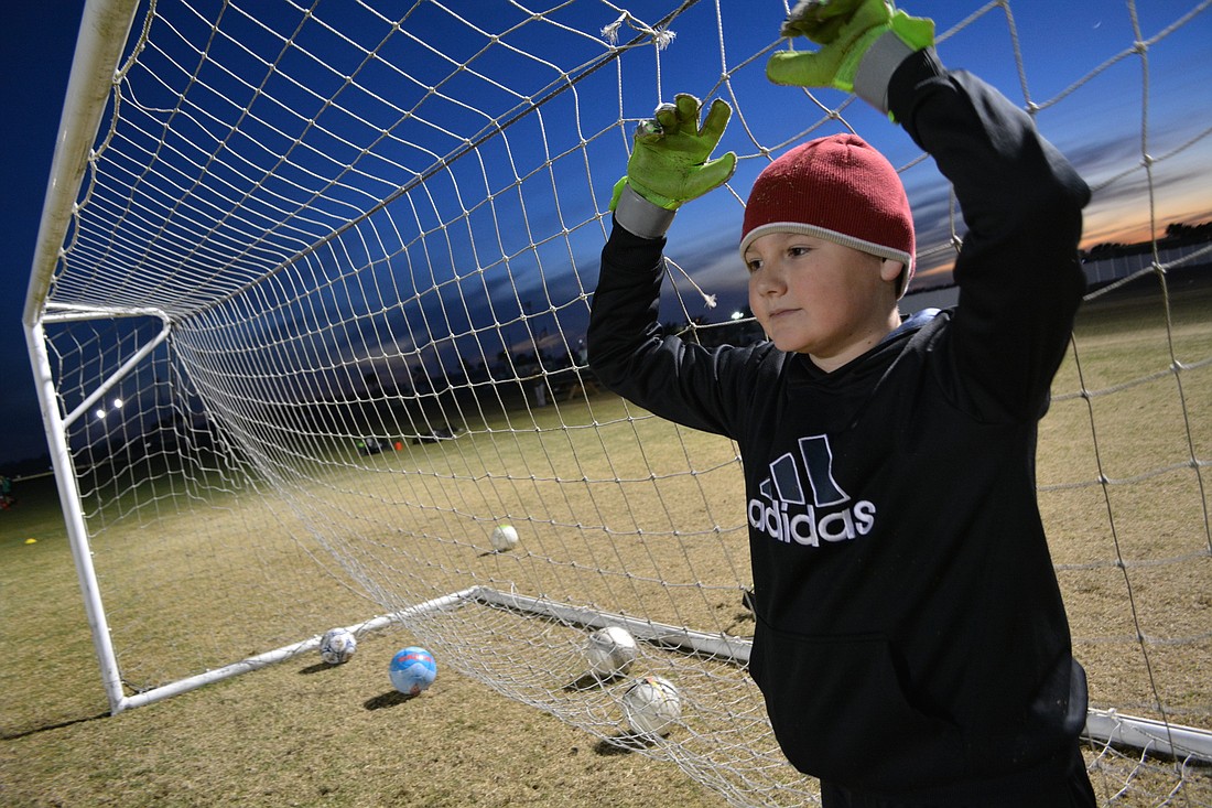 Lakewood Ranch Chargers U11 player Corbin Hynson, a student at Gene Witt Elementary, prepares to protect the goal during a scrimmage game Jan. 18 at Premier Sports Campus.