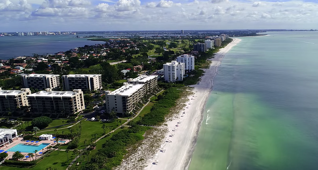 A still frame from Glass&#39; video shows Longboat, Sarasota Bay and the Gulf of Mexico.