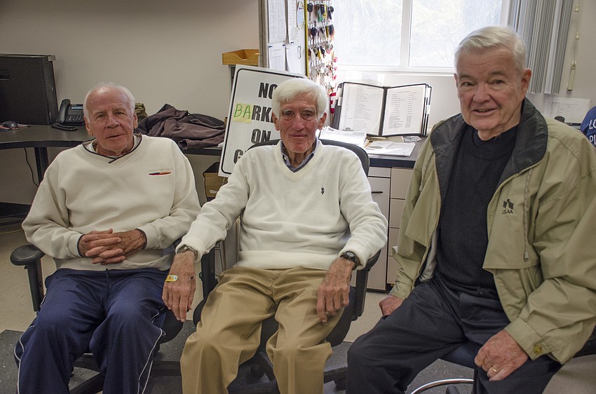 Vice Mayor Ed Zunz (left), former Mayor Jeremy Whatmough and former Commissioner Peter O'Connor talk shop at Juan Florensa's going-away party.