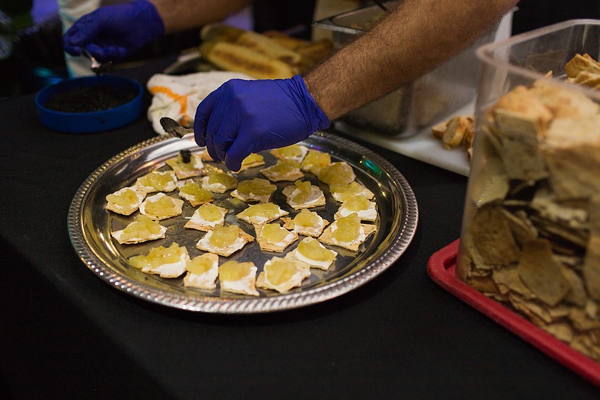 Hemp cracker with green tomato pie, topped with caviar at the Sandbar Waterfront Restaurant.