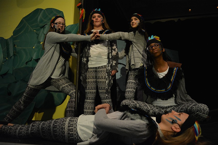 Clockwise from left: Rafikis Emma Zolecki, Peyton Knight, Casey Laplaca, Caryes Moore, and Hailey Spiekerman narrate and participate in the story.