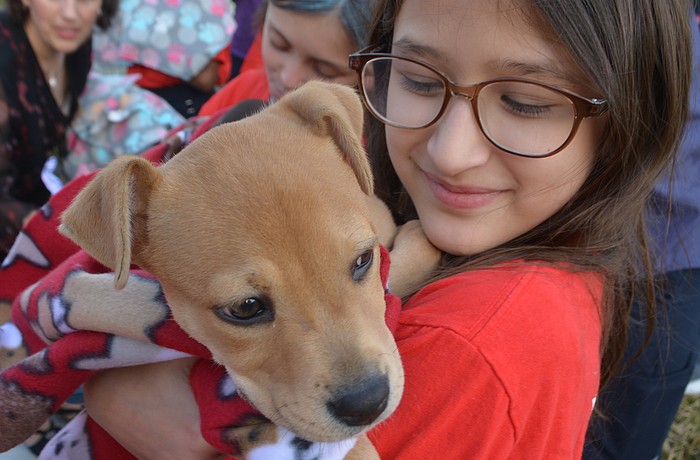 Tylee Giorgio wraps a puppy in a blanket made by Girls Inc.