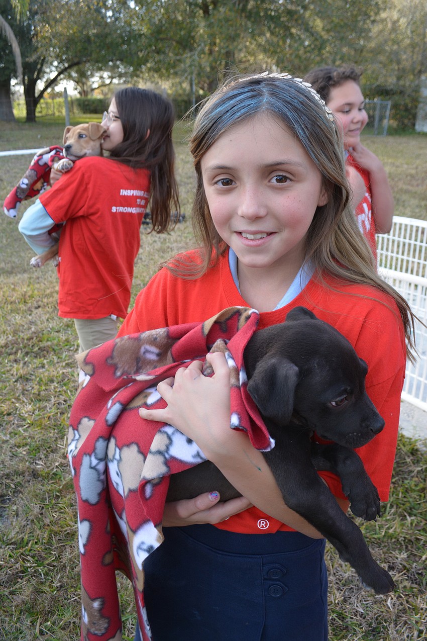 Bella Rodriguez, 10, tries out one of the group's blankets on a puppy.