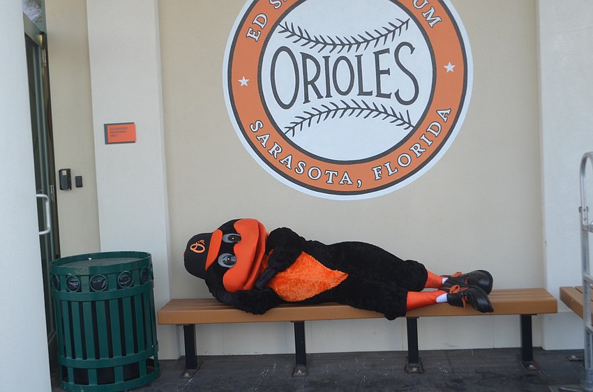 After a long morning unpacking, The Bird takes a break at the team's baseball operations center.