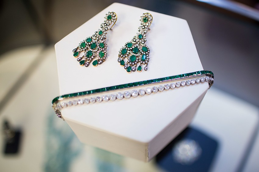 These emerald and diamond earrings,, emerald bracelet and art deco bracelet are up for bid on Feb. 10 and 11. The diamond bracelet is valued between $20,000 and $30,000.