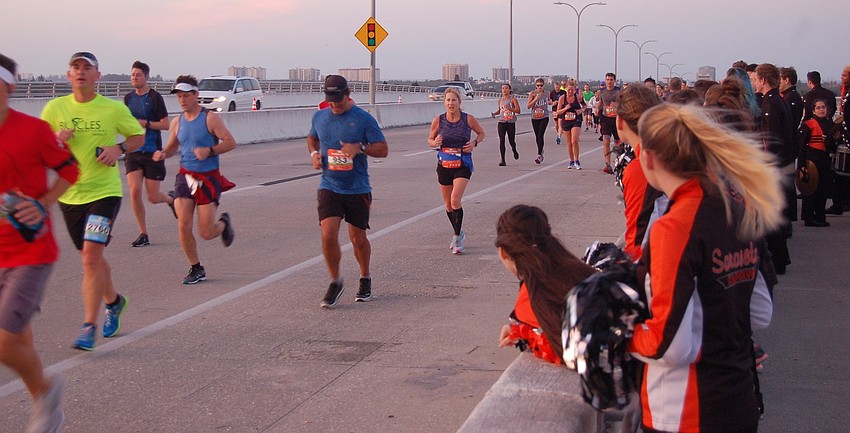 The Sarasota High Mighty Sailors marching band played atop the Ringling Bridge.