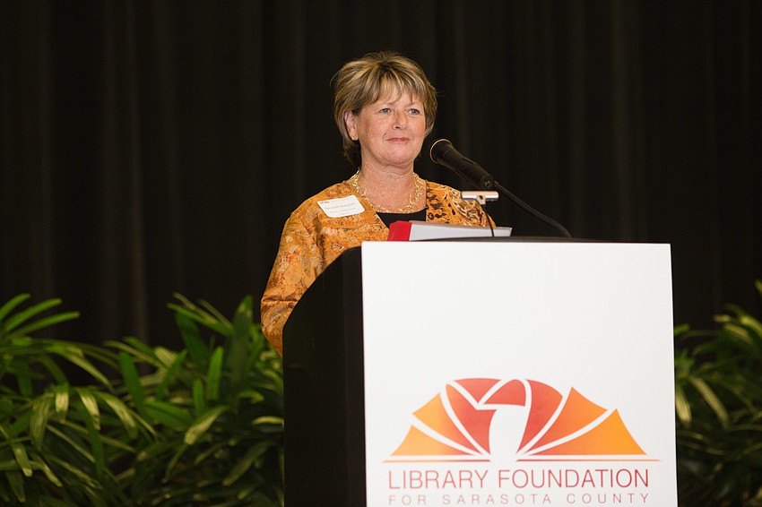 Sarabeth Kalajian gives a speech to introduce the 2018 Literacy Champion.